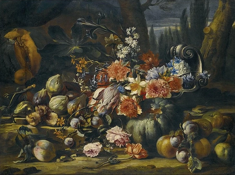 Natura morta con fiori in un vassoio d'argento, frutta in paesaggio